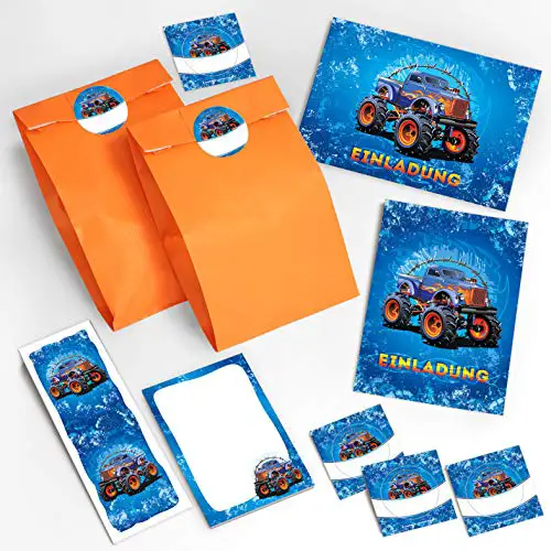 JuNa-Experten 12 Einladungskarten Kindergeburtstag Erwachsene Jungen Jungs Monster-Truck / Auto / Einladung zum Geburtstag incl. 12 Umschläge, 12 Tüten/orange, 12 Aufklebe, 12 Lesezeichen, 12 Blöcke