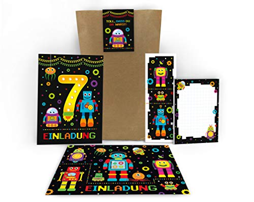 12 Einladungskarten zum 7. Kindergeburtstag siebte Geburtstag Jungen Jungs Robot Roboter incl. 12 Umschläge, 12 Tüten, 12 Aufkleber, 12 Lesezeichen, 12 Blöcke