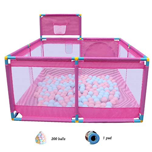 XJJUN Kinder Laufstall Ocean Ball Krabbeldecke Spielplatz Zaun Steigerung Mesh-Stoff Atmungsaktiv Stabil Innen-, 2 Farben 2 Größen (Color : Pink-F128X128X66CM)