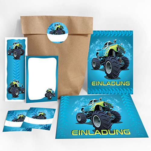 JuNa-Experten 12 Einladungskarten Kindergeburtstag Jungen Jungs Monster-Truck / Auto / incl. 12 Umschläge, 12 Party-Tüten / Natur, 12 Aufkleber, 12 Lesezeichen, 12 Mini-Notizblöcke