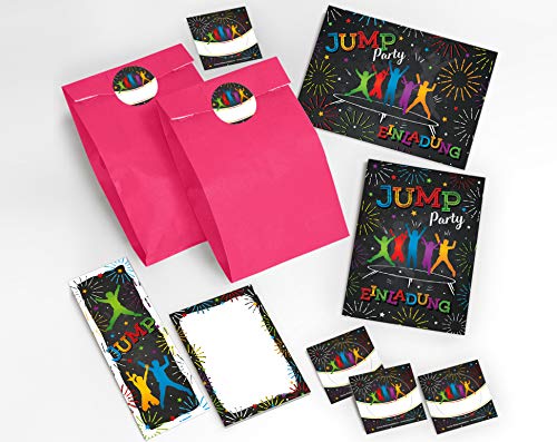 JuNa-Experten 12 Einladungskarten Kindergeburtstag Jump Trampolin Mädchen Junge incl. 12 Umschläge, 12 Tüten / rosa, 12 Aufkleber, 12 Lesezeichen, 12 Blöcke