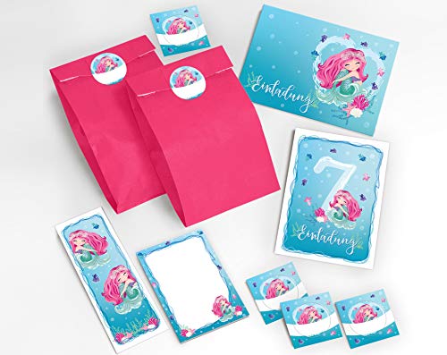 JuNa-Experten 12 Einladungskarten zum 7. Kindergeburtstag Meerjungfrau Mädchen incl. 12 Umschläge, 12 Tüten / rosa, 12 Aufkleber, 12 Lesezeichen, 12 Blöcke