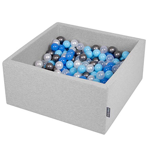 KiddyMoon 90X40cm/200 Bälle ∅ 7Cm Quadrat Bällebad Baby Spielbad Mit Bunten Bällen Made In EU, Hellgrau:Perle/Blau/Baby Blau/Transparent/Silbern