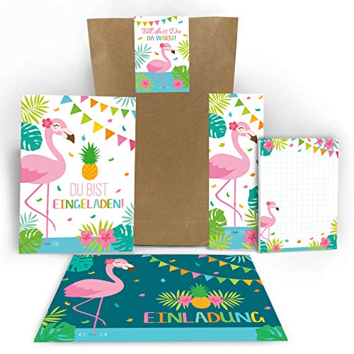 Junaversum 12 Einladungskarten zum Kindergeburtstag Mädchen Flamingo Einladungen Geburtstag Kinder Mädchengeburtstag incl. 12 Umschläge, 12 Tüten, 12 Aufklebe, 12 Lesezeichen, 12 Blöcke