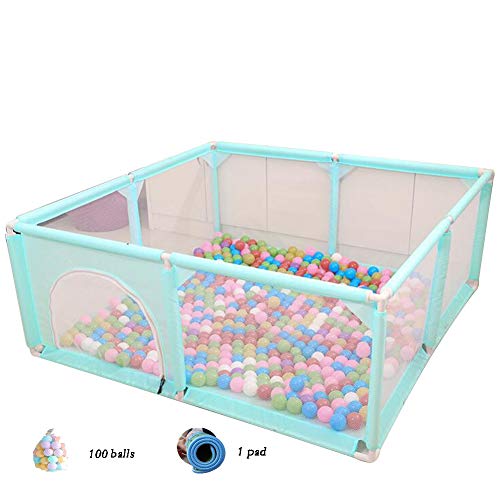 XJJUN Kinder Laufstall Krabbeldecke Ocean Ball Spiel Zaun Oxford Tuch Überrollschutz Sicherheit Kunststoff Einfach zu säubern Innen-, 4 farben (Color : Green-E150X150X62CM)