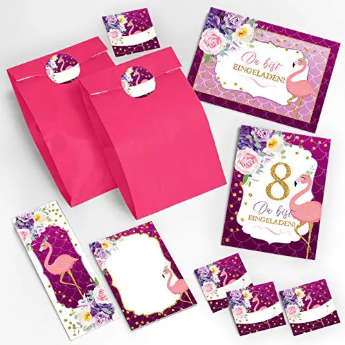 JuNa-Experten 12 Einladungskarten zum 8. Kindergeburtstag Mädchen Flamingo Einladungen zum achten Geburtstag incl. 12 Umschläge, 12 Tüten / rosa, 12 Aufkleber, 12 Lesezeichen, 12 Blöcke