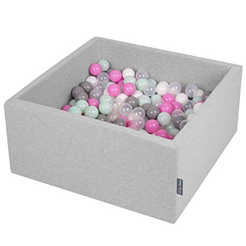 KiddyMoon 90X40cm/300 Bälle ∅ 7Cm Quadrat Bällebad Baby Spielbad Mit Bunten Bällen Made In EU, Hellgrau:Transparent/Grau/Weiß/Pink/Mint