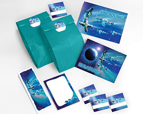 JuNa-Experten 12 Einladungskarten zum Kindergeburtstag Space-Party Weltraum Raumschiff Weltal Spaceshuttle incl. 12 Umschläge, 12 Tüten/blau, 12 Aufkleber, 12 Lesezeichen, 12 Blöcke