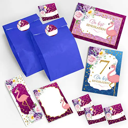 JuNa-Experten 12 Einladungskarten zum 7. Kindergeburtstag Mädchen Flamingo Einladungen zum siebten Geburtstag incl. 12 Umschläge, 12 Tüten / dunkelblau, 12 Aufkleber, 12 Lesezeichen, 12 Blöcke
