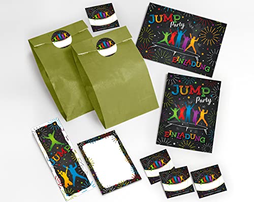 JuNa-Experten 10 Einladungskarten Kindergeburtstag Jump Trampolin Mädchen incl. 10 Umschläge, 10 Tüten / grün, 10 Aufkleber, 10 Lesezeichen, 10 Blöcke